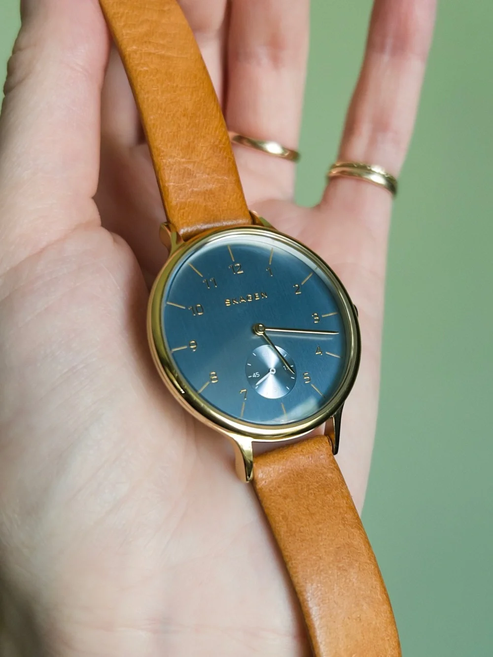 Skagen Denmark Anita Wristwatch, Leather Strap, Blue Chrome with Gold Hardware